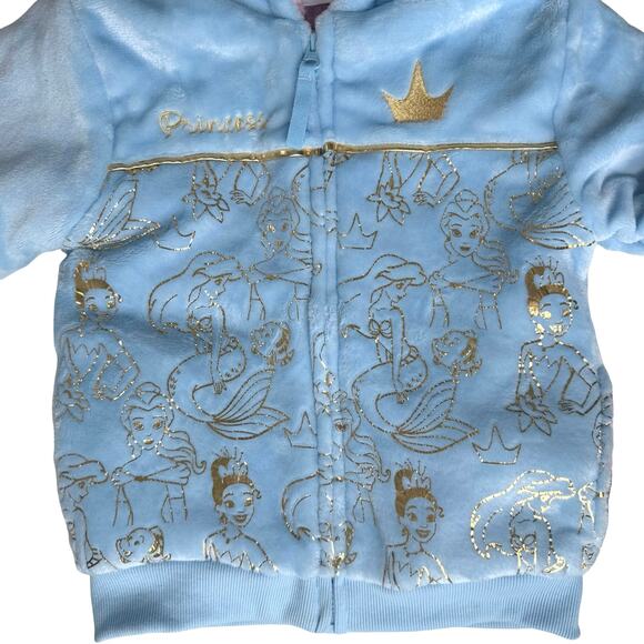 Disney Princess Sherpa Lined Jacket Girls 5 Light Blue Pink Gold Hood Winter SEE - Picture 2 of 13